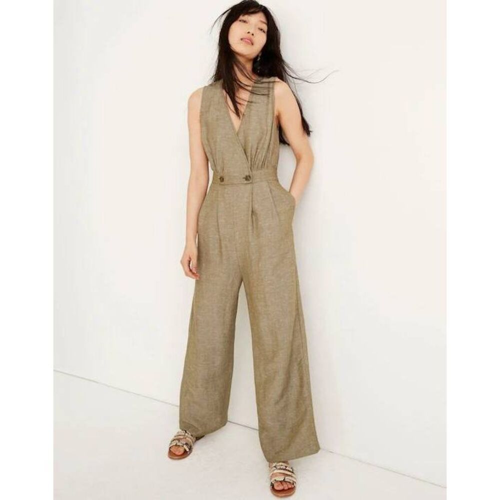 Madewell Linen Blend Button-Waist Wide-Leg Jumpsuit Jumper Southern Moss 4 Basic
